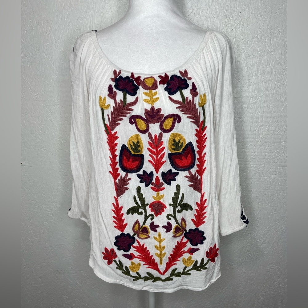Solitaire Multicolor Embroidered Boho Peasant Spring Summer Resort Blouse Lg - Picture 5 of 13